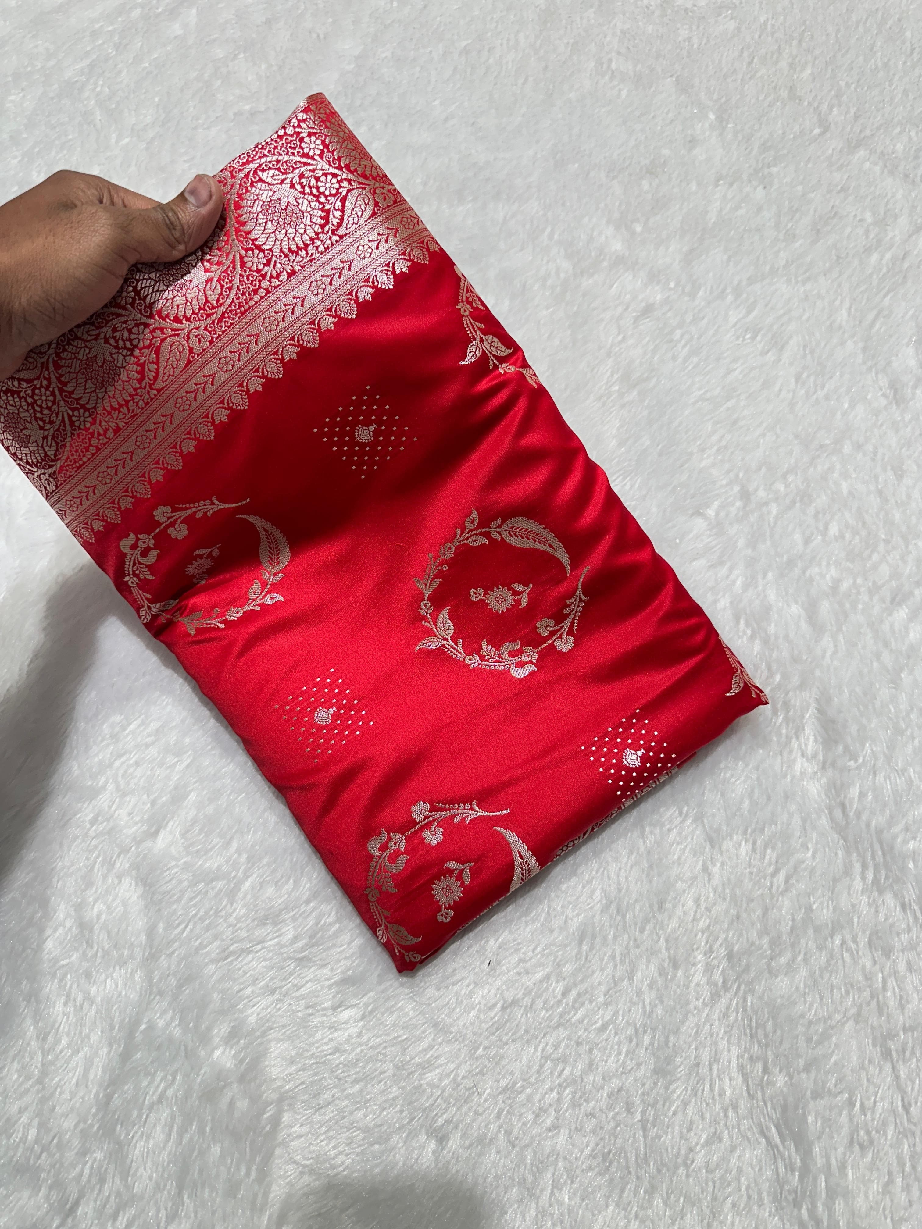 Red Bridal Mashru Silk Saree With Zari Weaving