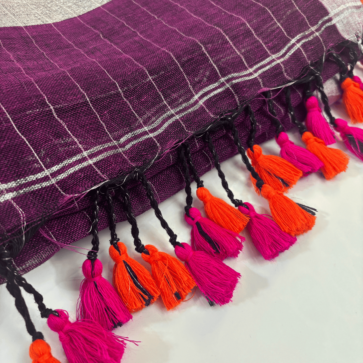 Pure Linen Check Saree (Purple)