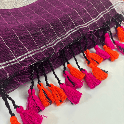 Pure Linen Check Saree (Purple)