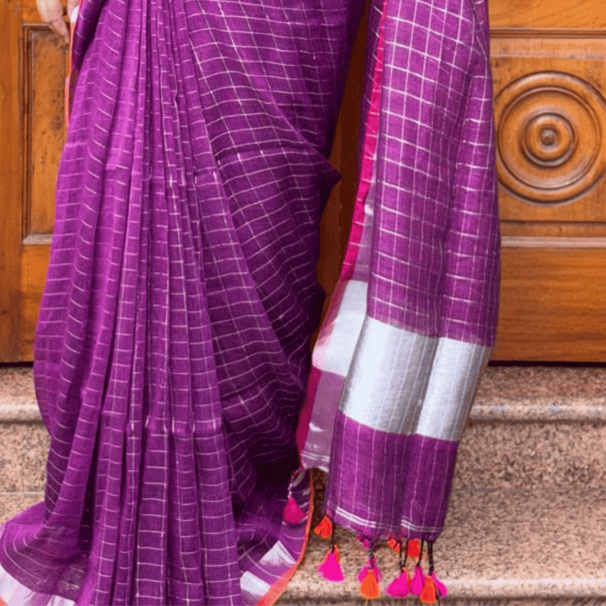 Pure Linen Check Saree (Purple)