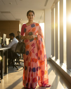 Peach Pink Pure Linen Cotton Saree with Multicolour Polka Dots & Wine Border