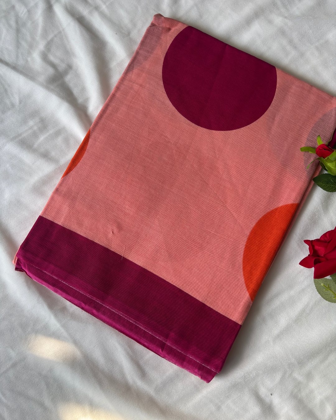 Peach Pink Pure Linen Cotton Saree with Multicolour Polka Dots & Wine Border