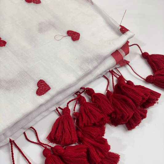 Pure 120 Count Mul Cotton Saree (White & Red)