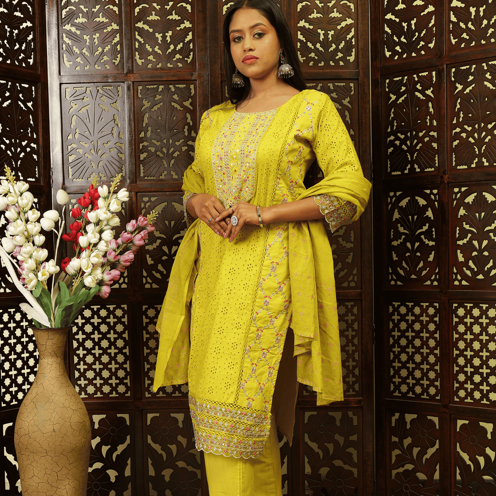 Pure Cotton Kurta Set (Neon Green)