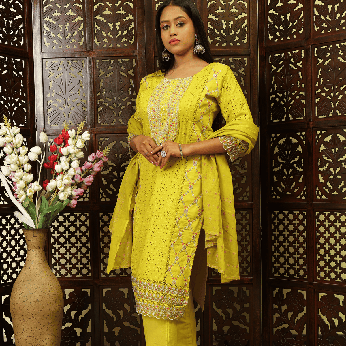 Pure Cotton Kurta Set (Neon Green)