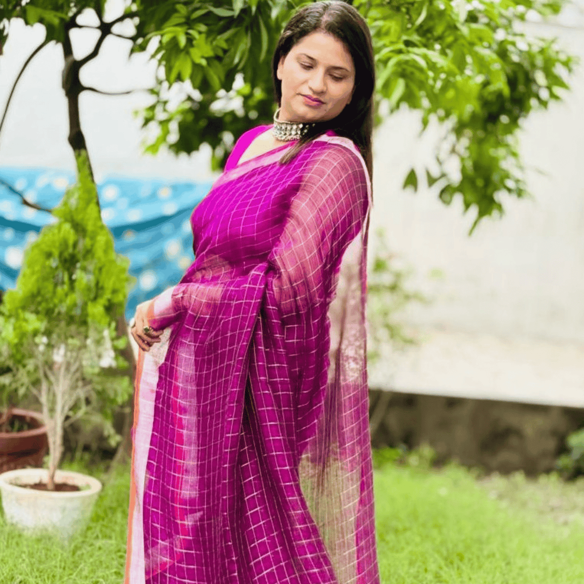 Pure Linen Check Saree (Purple)