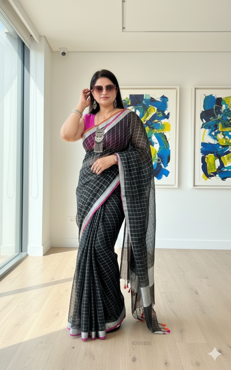 Pure Linen check Saree (Black)
