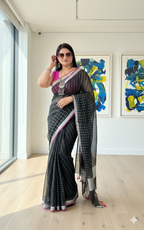 Pure Linen check Saree (Black)