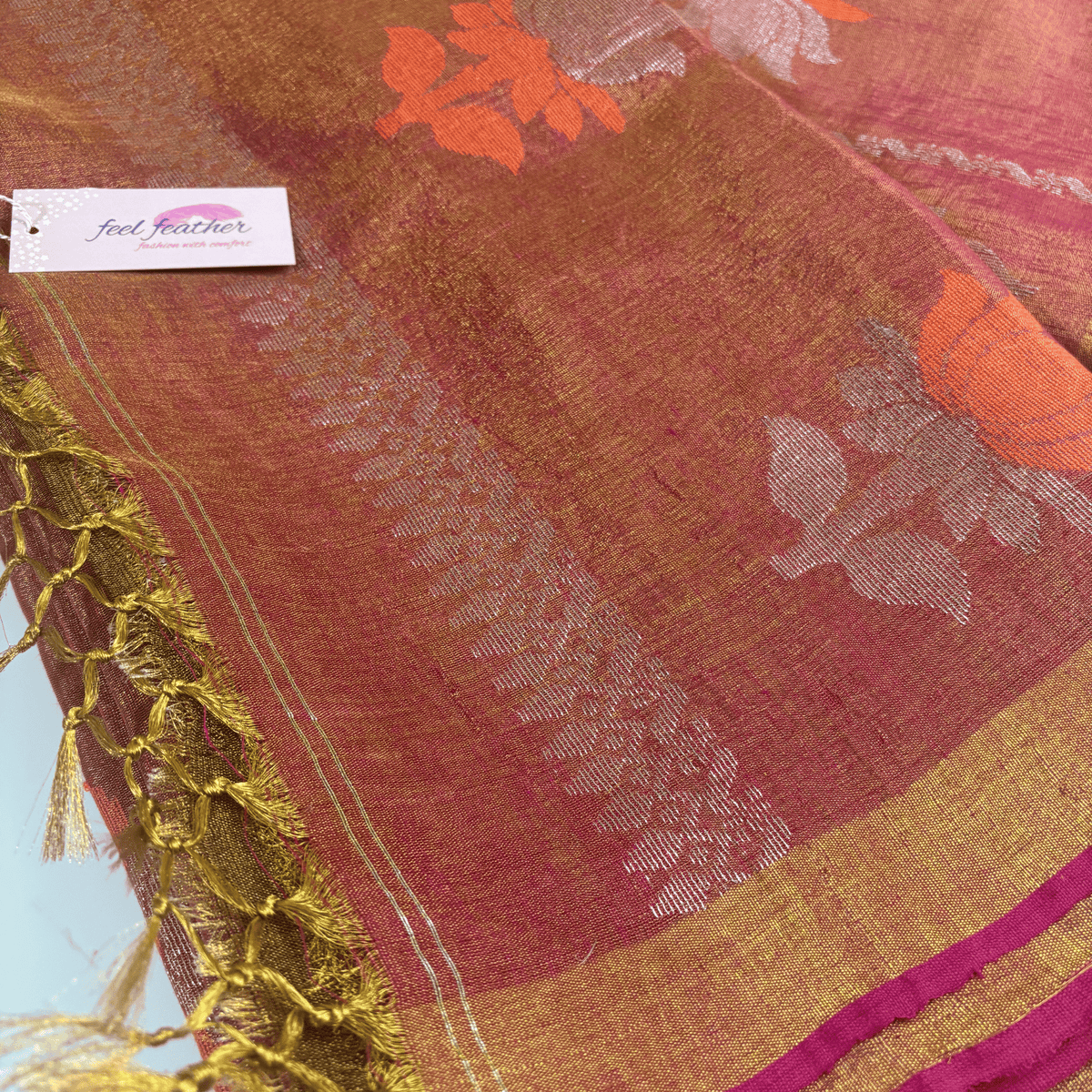 Tissue Linen Saree (Rust) – Handwoven