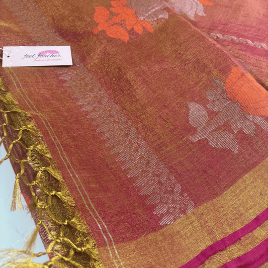 Tissue Linen Saree (Rust) – Handwoven