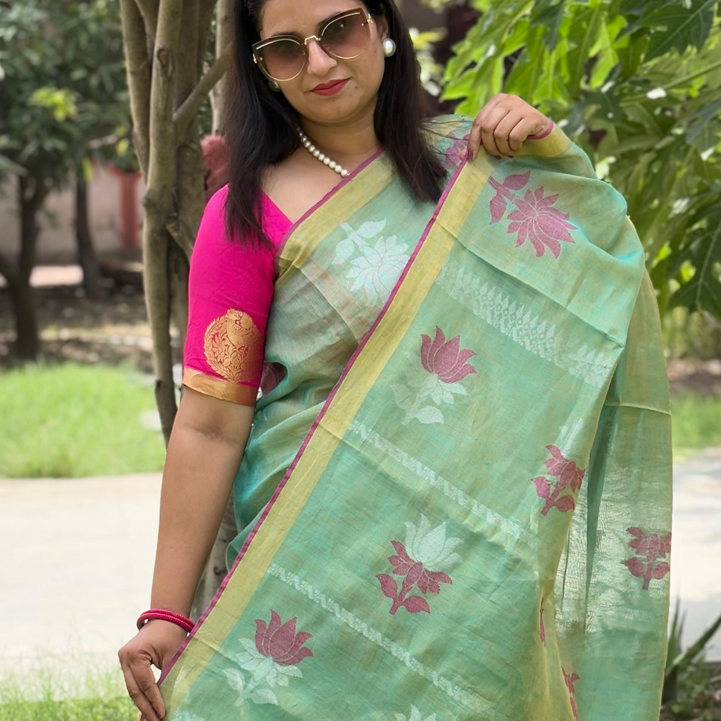 Pure Tissue linen Saree (Olive-Green)