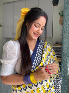 Ivory White & Mustard Yellow Pure Linen Cotton Saree with Navy Blue Border