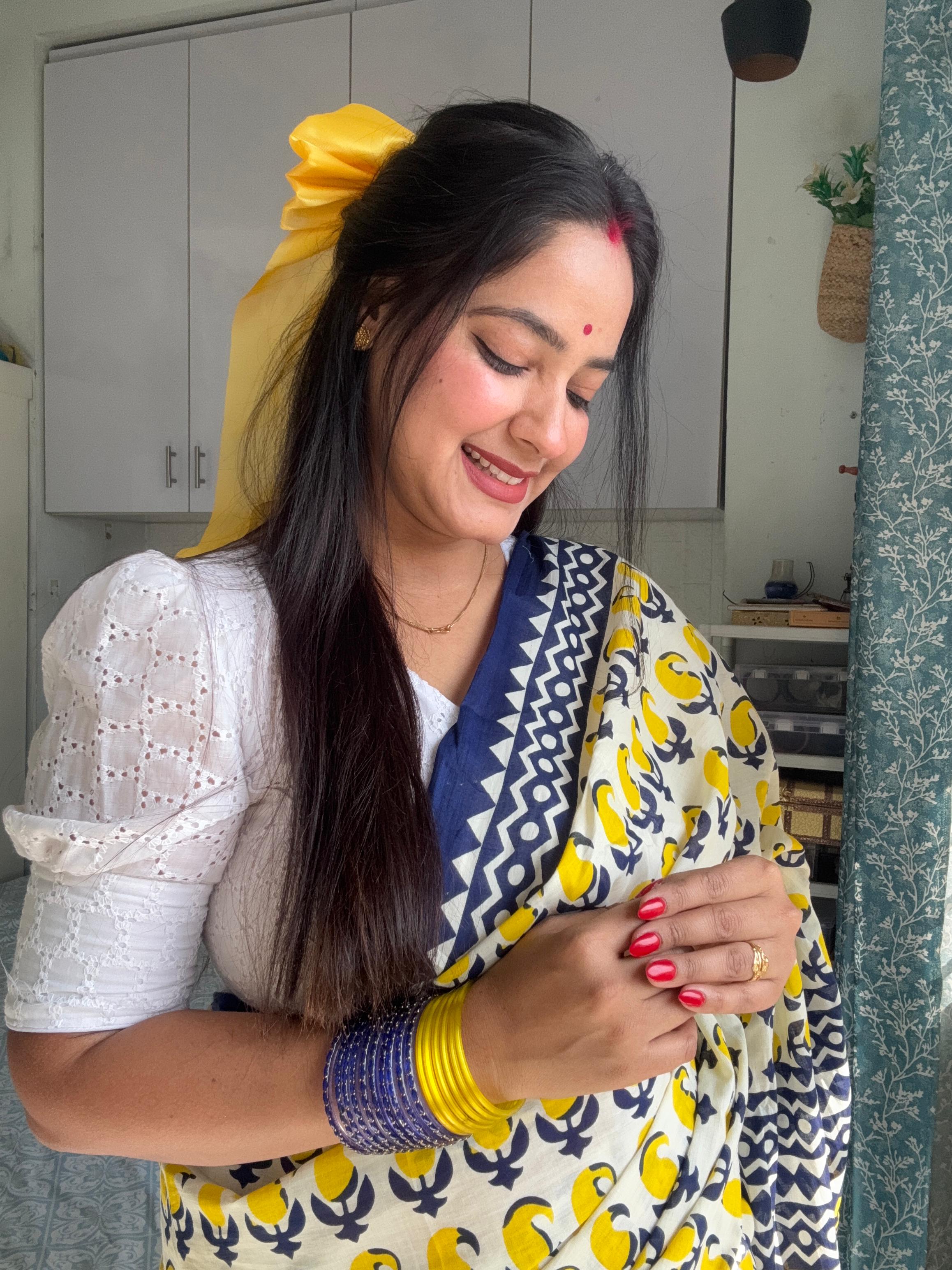 Ivory White & Mustard Yellow Pure Linen Cotton Saree with Navy Blue Border