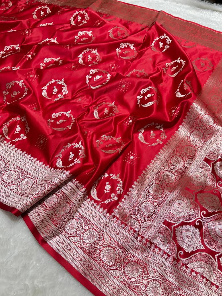 Red Bridal Mashru Silk Saree With Zari Weaving