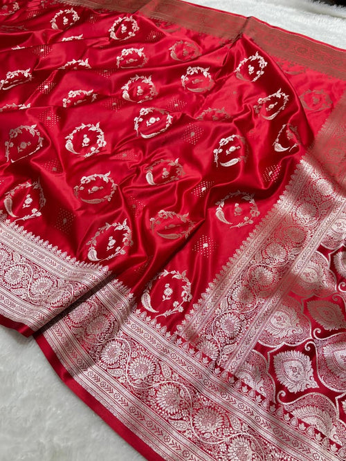 Red Bridal Mashru Silk Saree With Zari Weaving