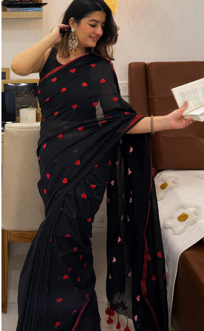 Pure 120 Count Mul Cotton Saree (Black)