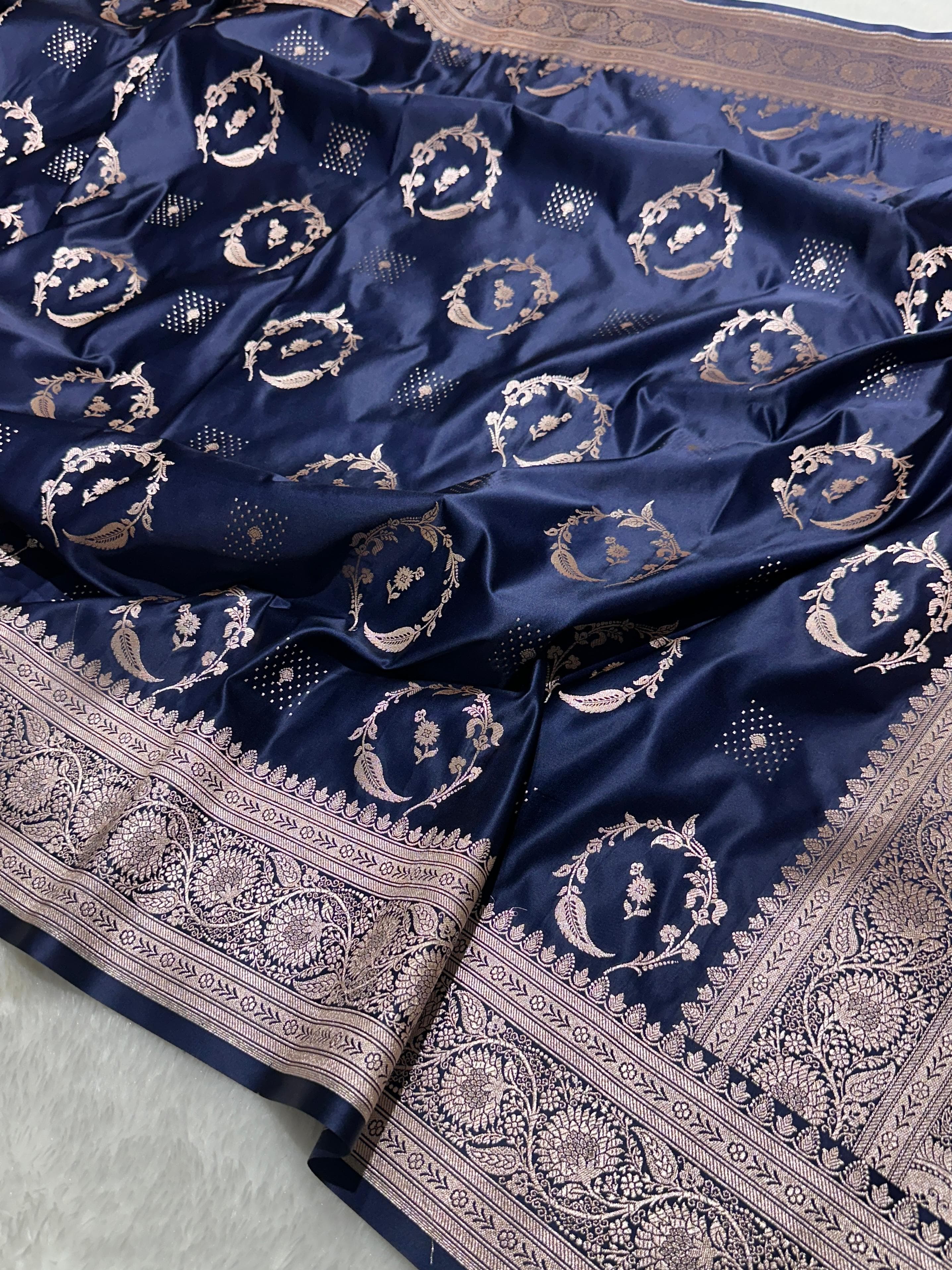 Dark Blue Bridal Mashru Silk Saree With Zari Weaving