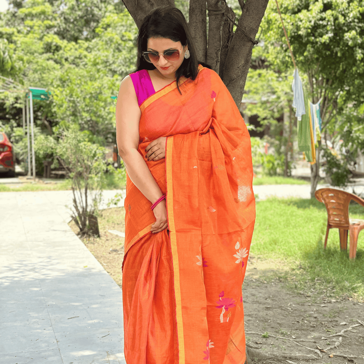 Tissue Linen Saree (Orange)