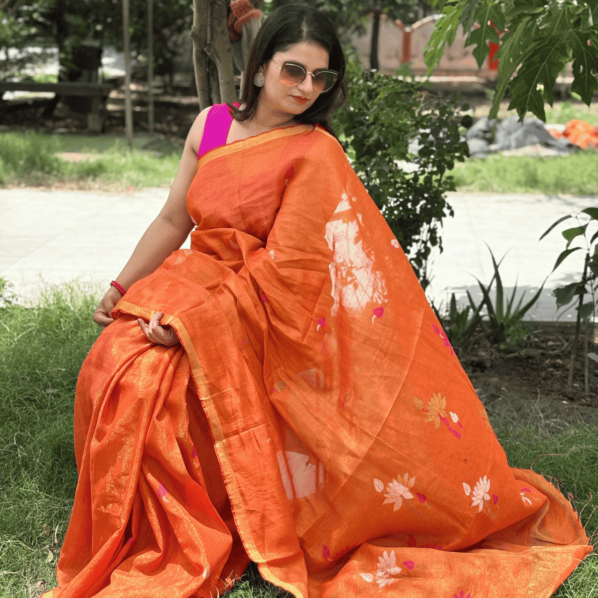 Tissue Linen Saree (Orange)