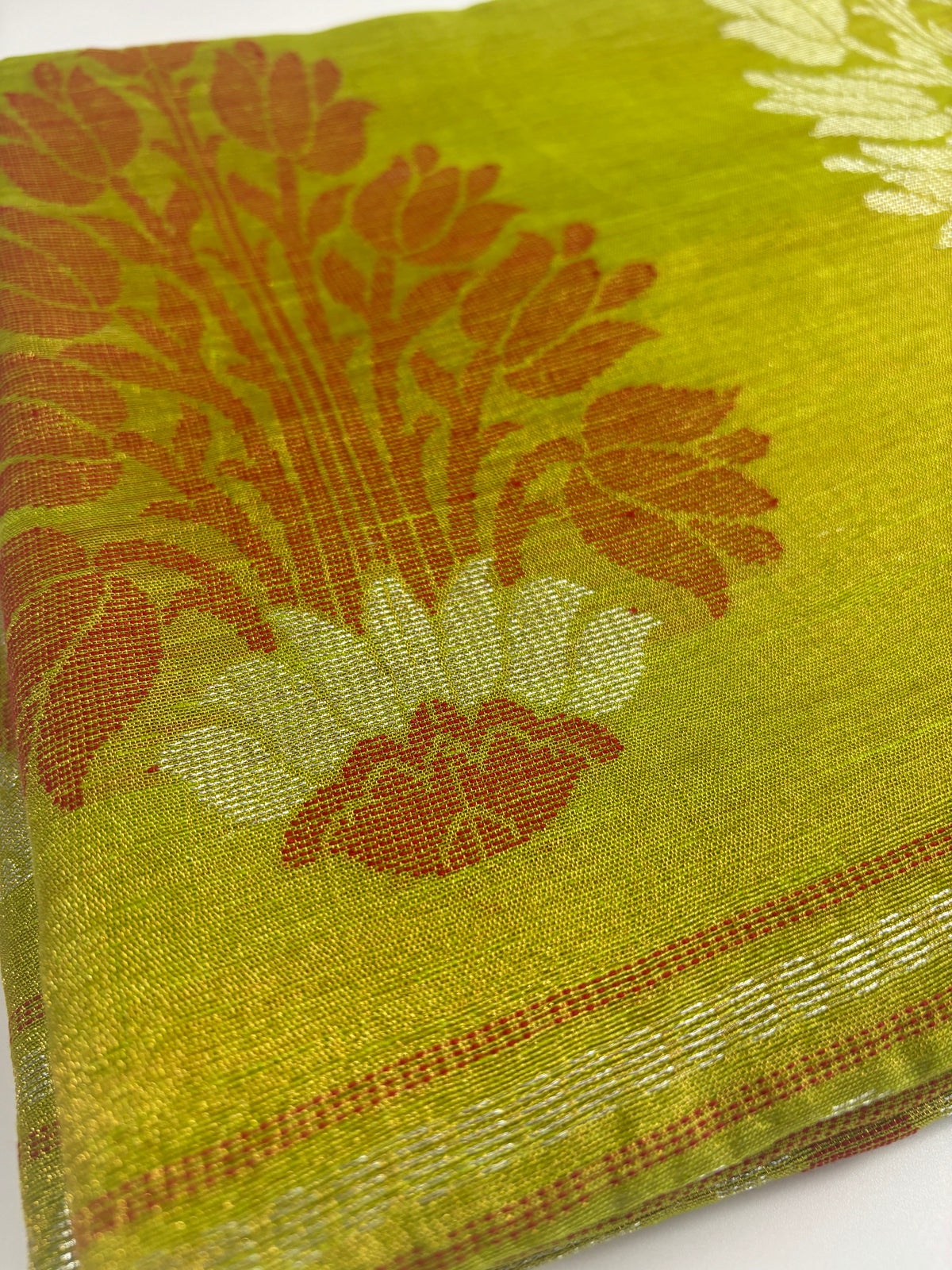 Tissue Linen Saree (Parrot Green)