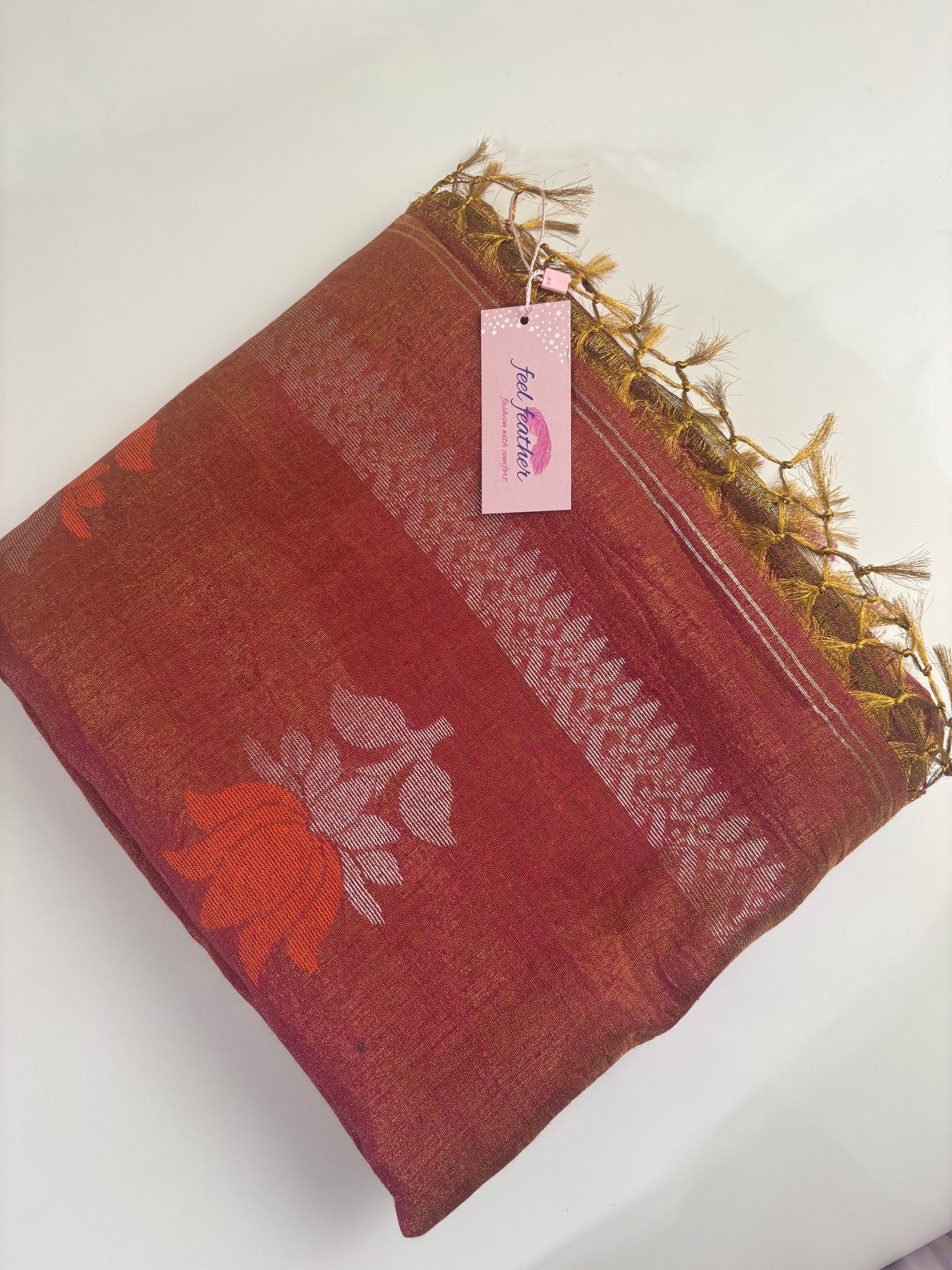 Tissue Linen Saree (Rust)