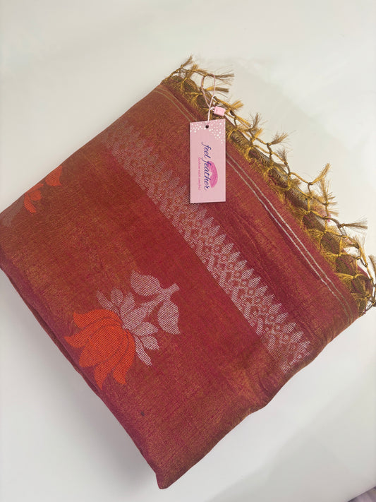Tissue Linen Saree (Rust)