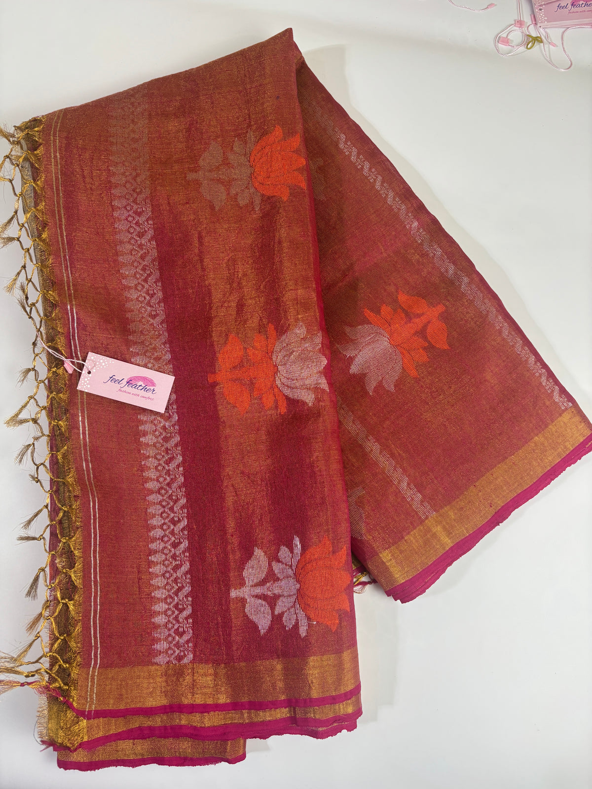Tissue Linen Saree (Rust)