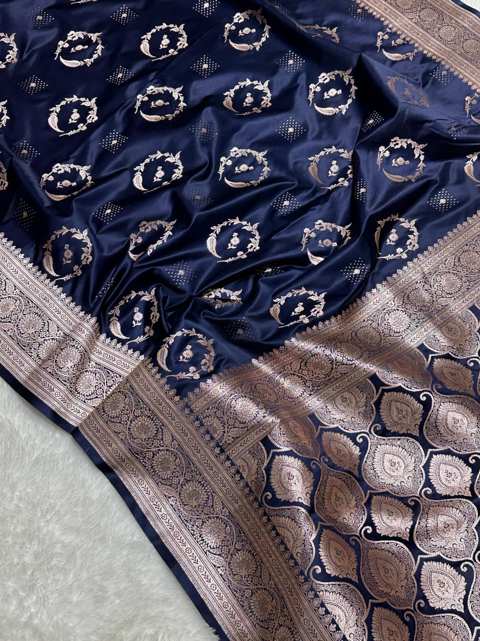 Dark Blue Bridal Mashru Silk Saree With Zari Weaving