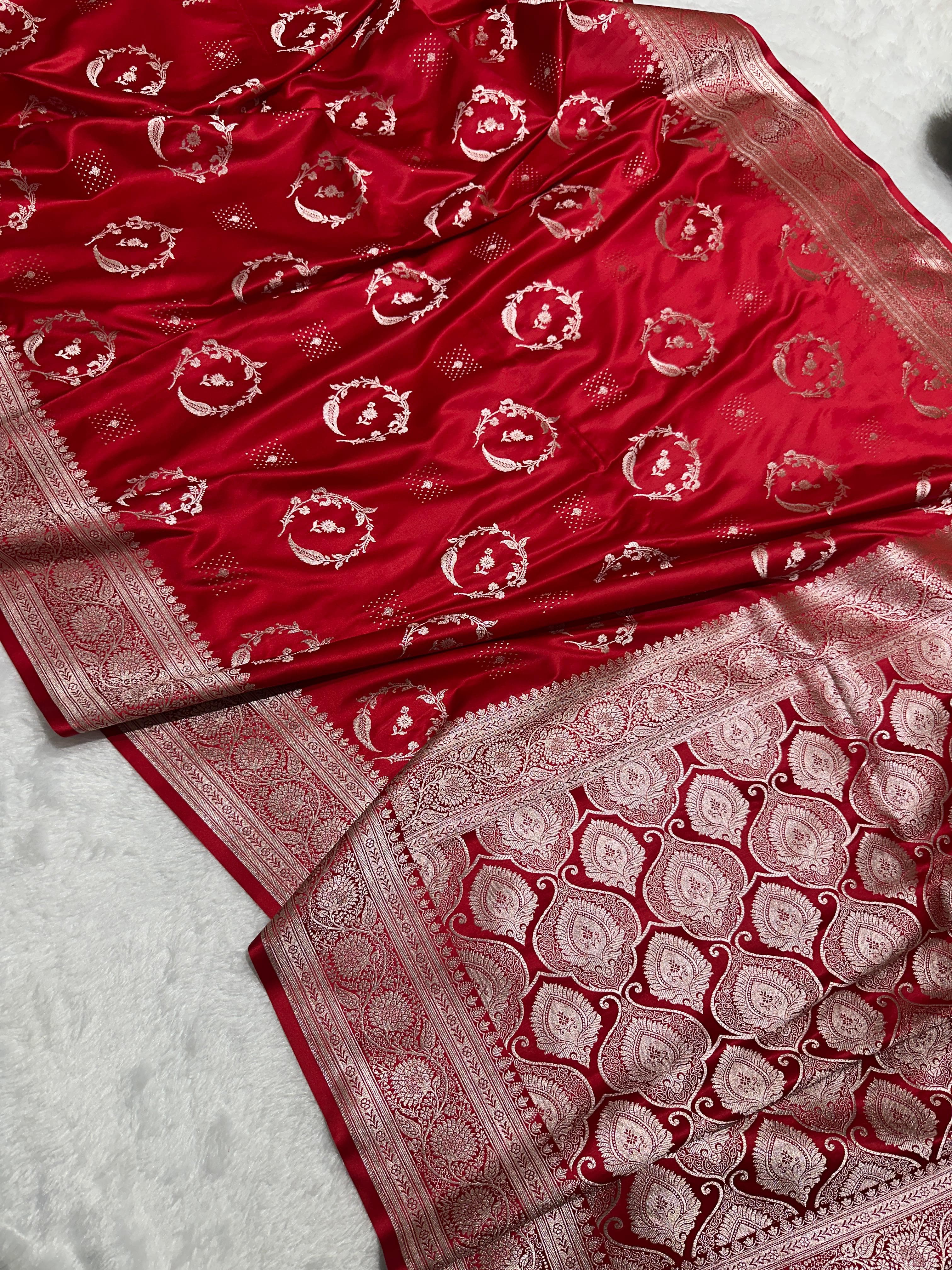 Red Bridal Mashru Silk Saree With Zari Weaving