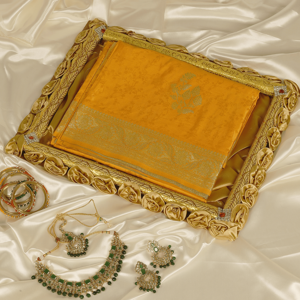 Yellow Banarasi Mashru Satin Silk Saree