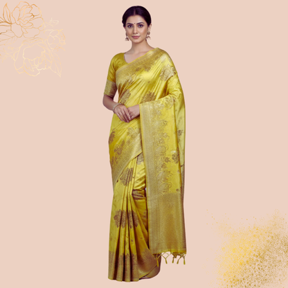 Premium Banarasi Mashru Silk Saree (Lime Yellow)