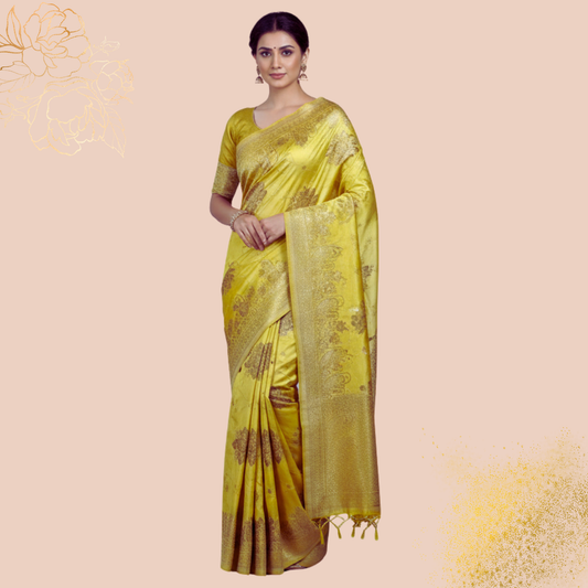 Premium Banarasi Mashru Silk Saree (Lime Yellow)
