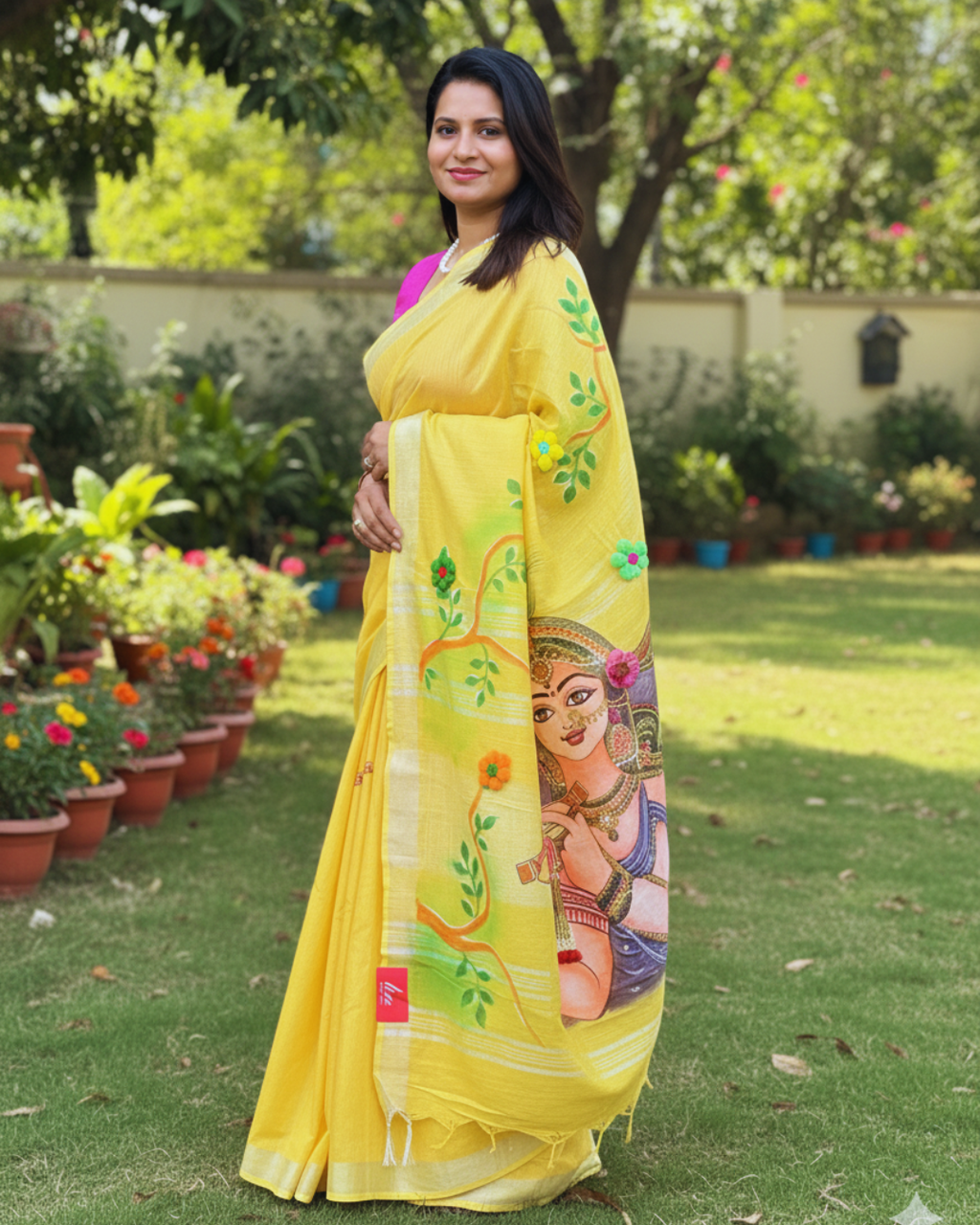Hand Painting Saree (Yellow) Made to Order
