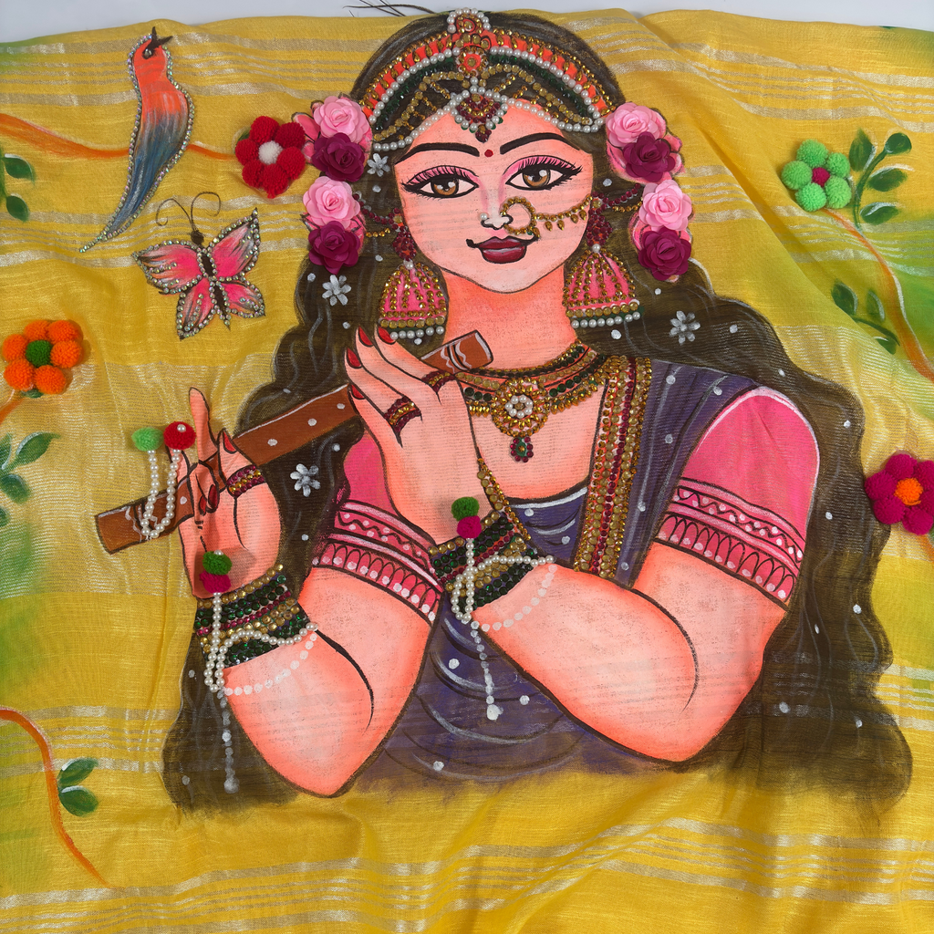 Hand Painting Saree (Yellow) Made to Order