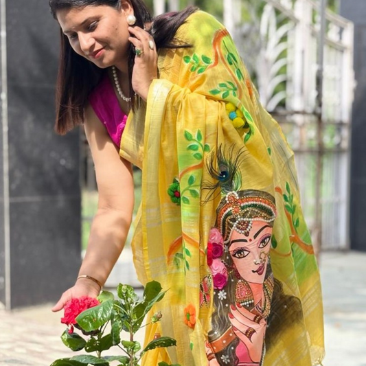Hand Painting Saree (Yellow)