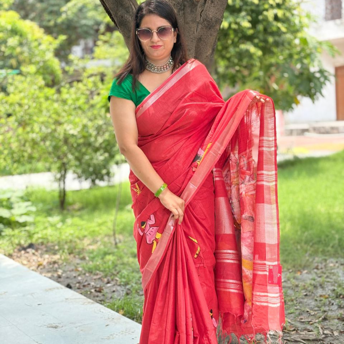 Hand-Painting Saree (Red)  Only Made to Order