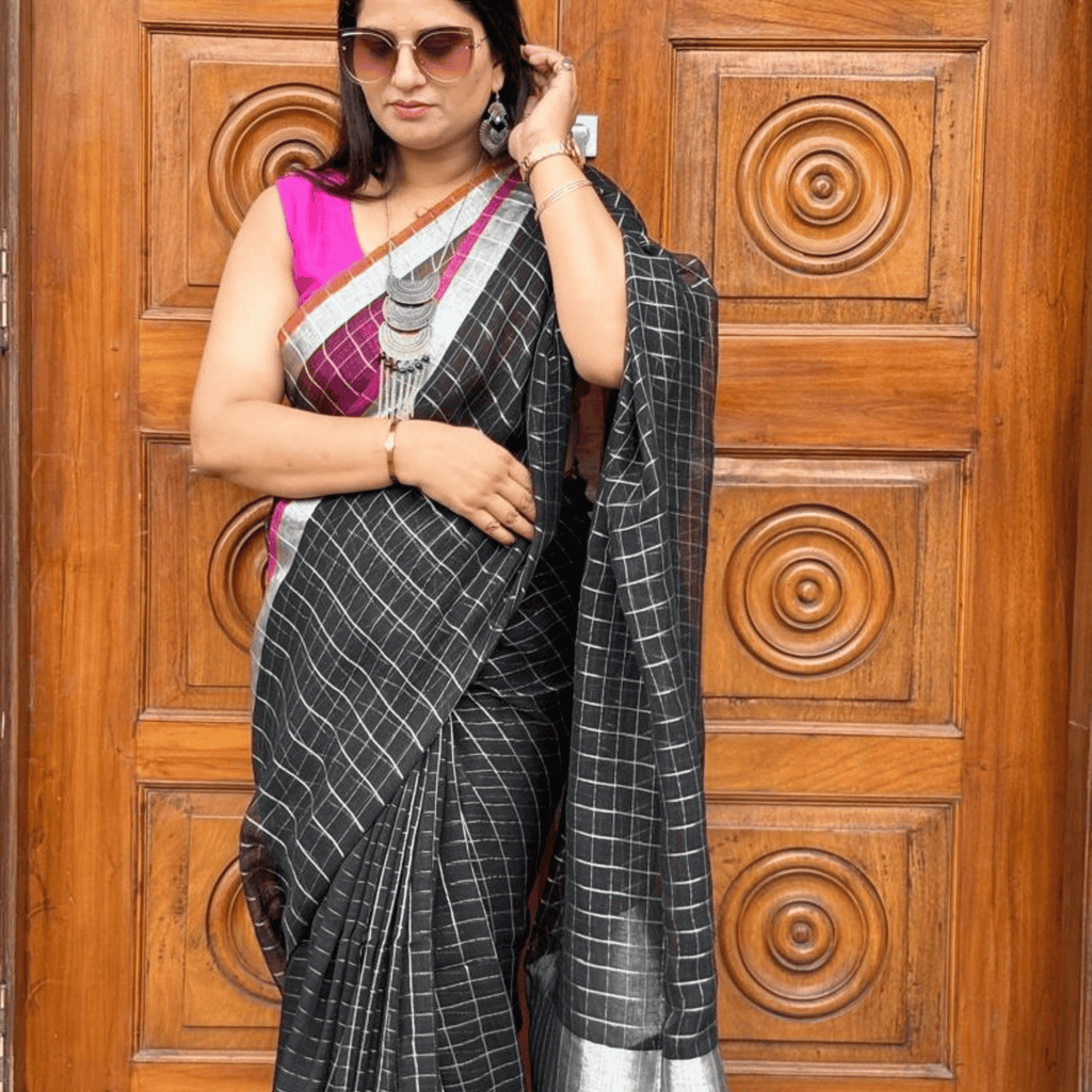 Pure Linen check Saree (Black)