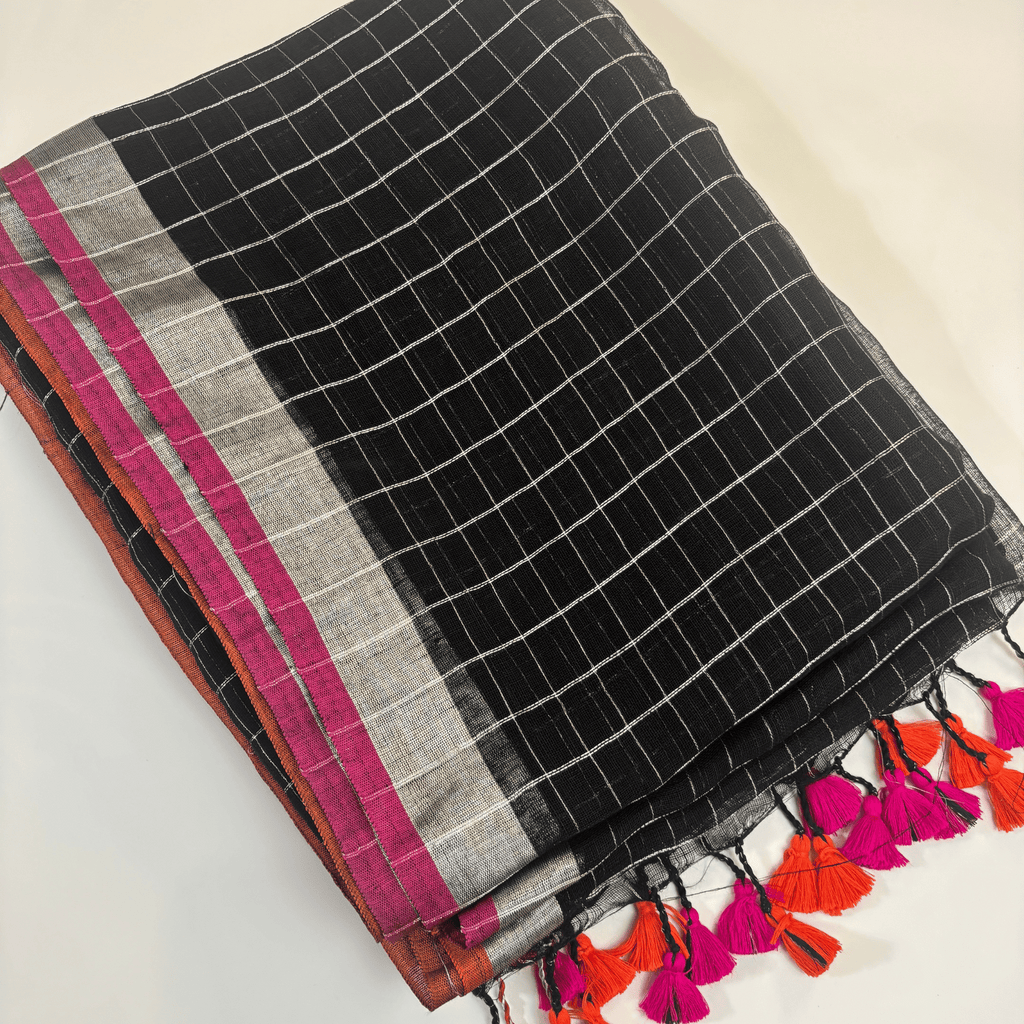 Pure Linen check Saree (Black)