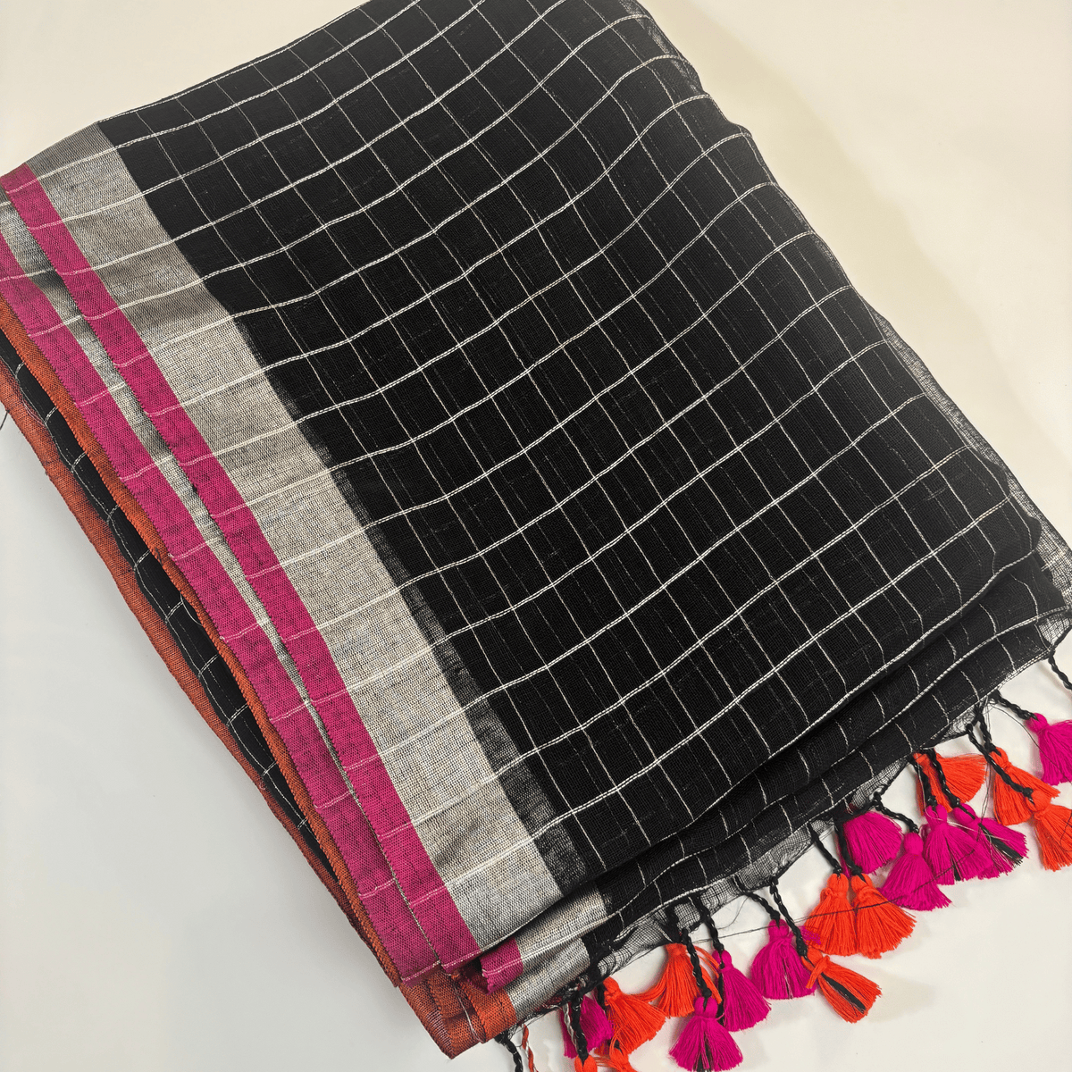 Pure Linen check Saree (Black)