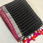 Pure Linen check Saree (Black)