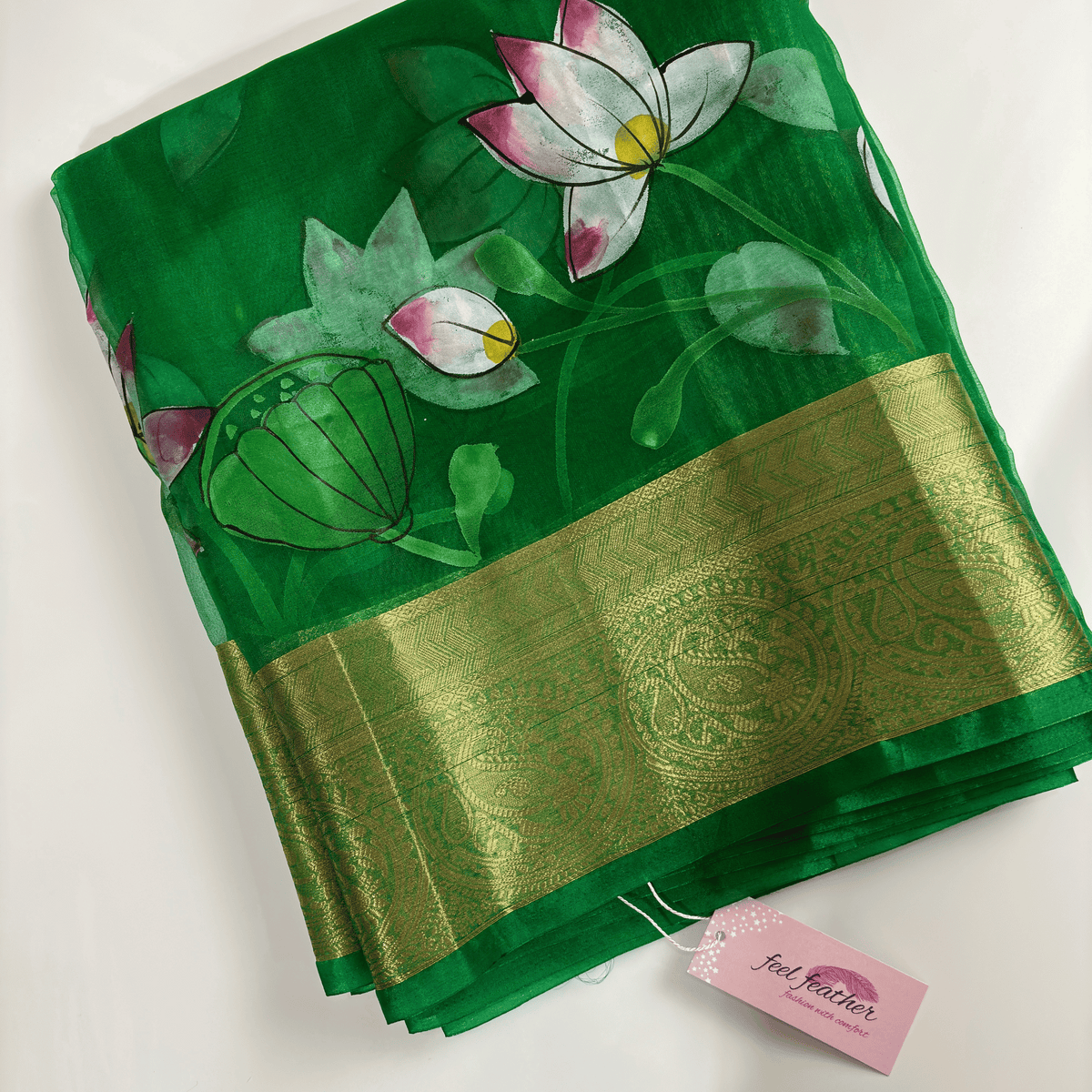 Green Organza Hand - Painting Saree