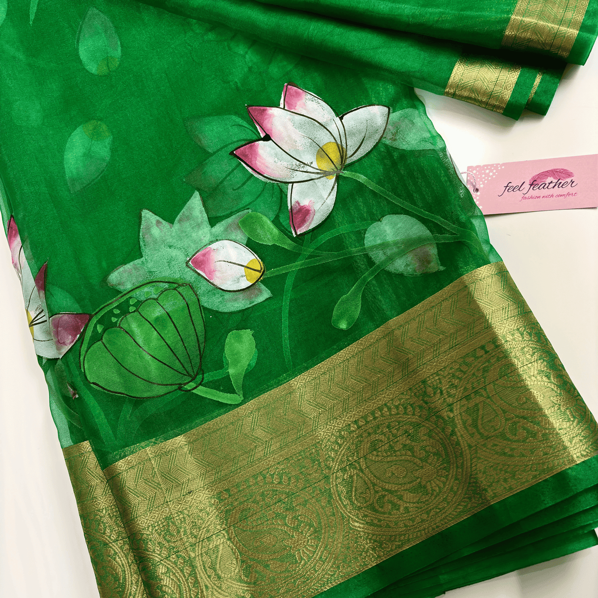 Green Organza Hand - Painting Saree