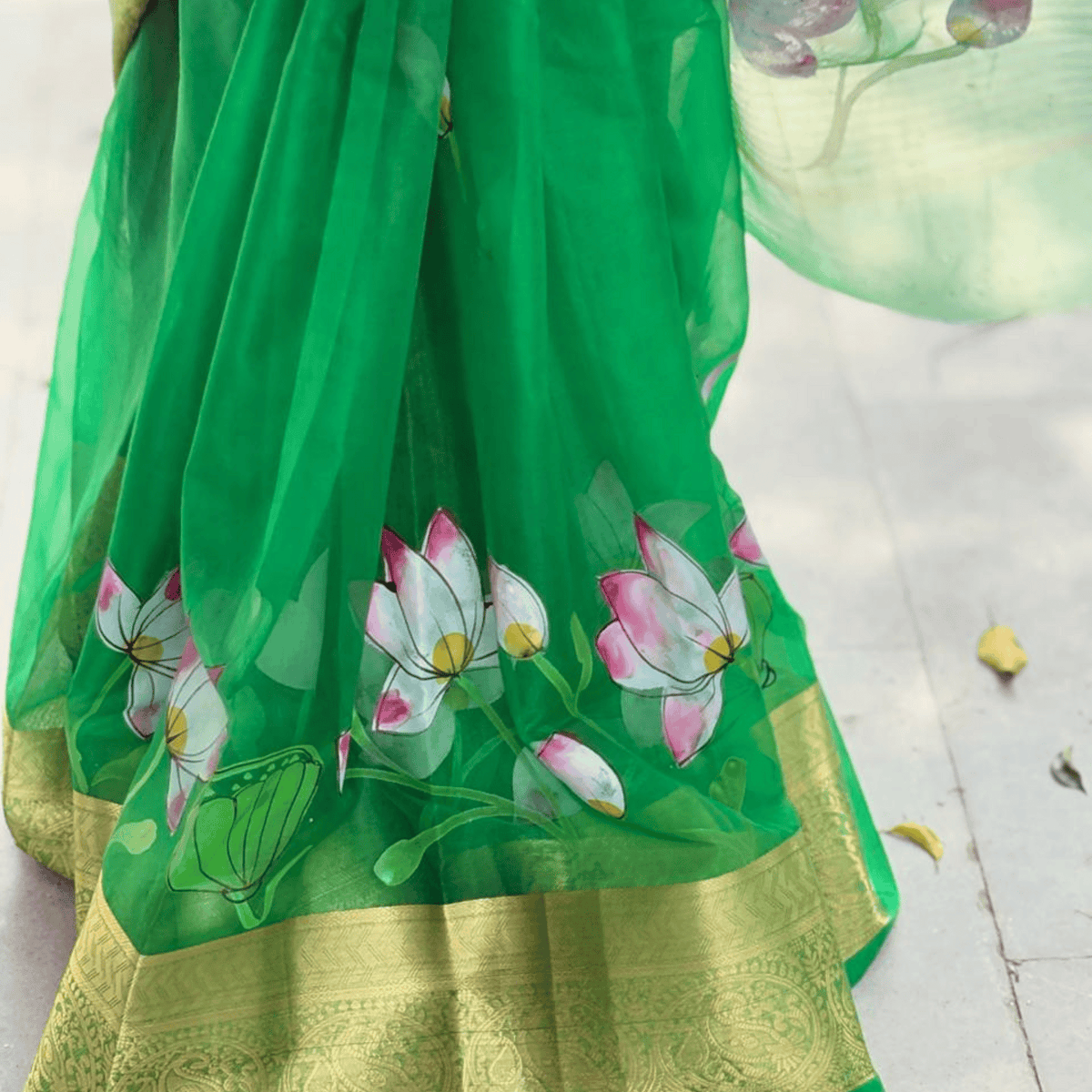 Green Organza Hand - Painting Saree