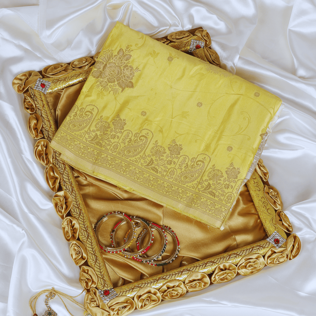 Premium Banarasi Mashru Satin Silk Saree (Lime Yellow)