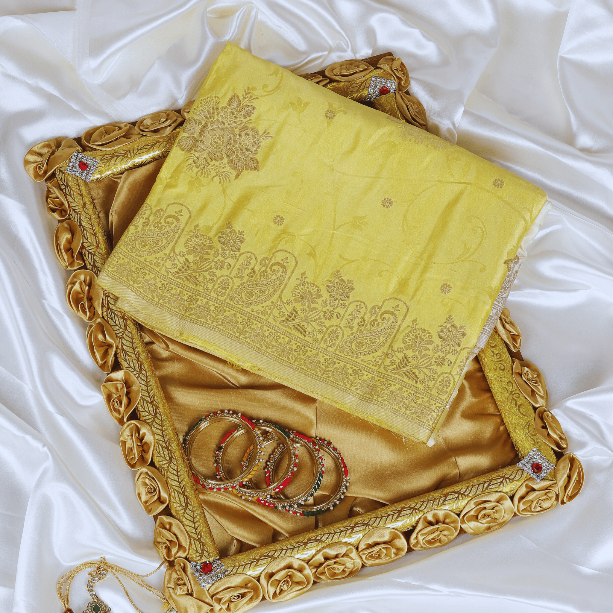 Premium Banarasi Mashru Silk Saree (Lime Yellow)