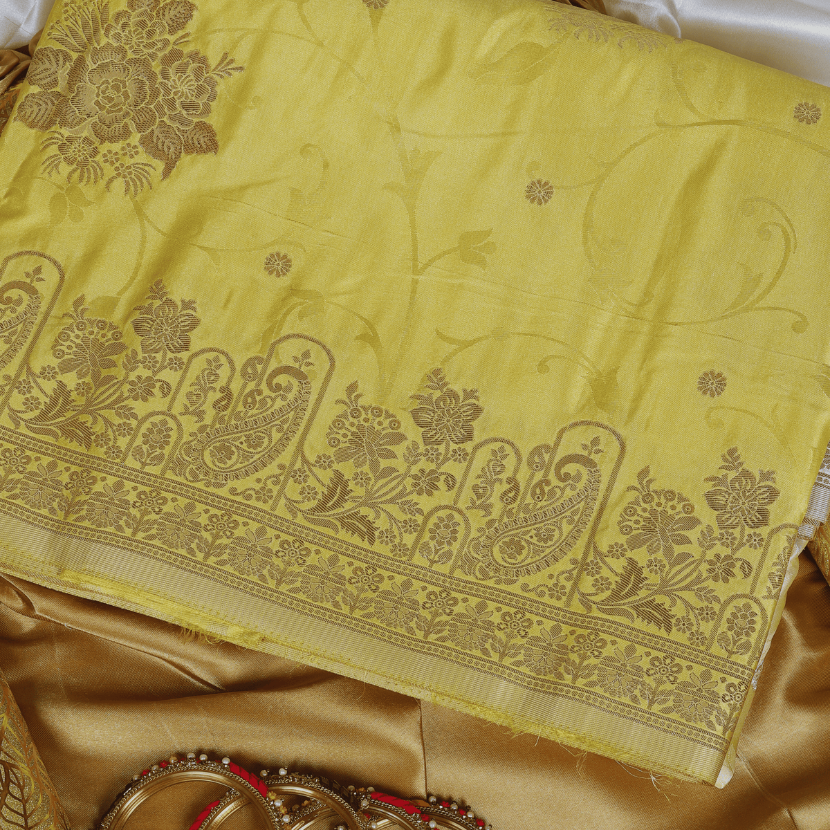 Premium Banarasi Mashru Satin Silk Saree (Lime Yellow)