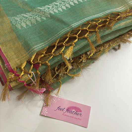 Pure Tissue linen Saree (Olive-Green)