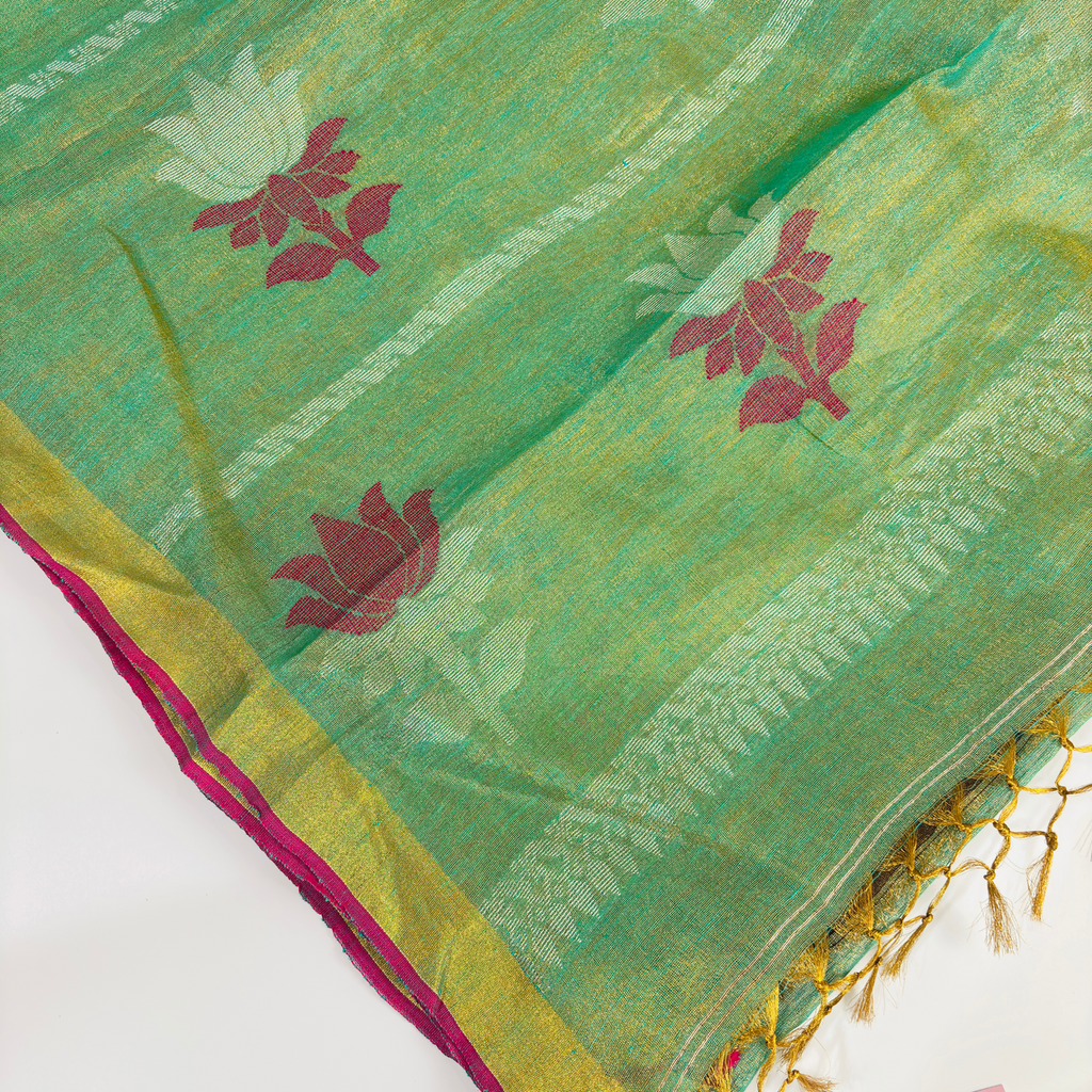 Pure Tissue linen Saree (Olive-Green)