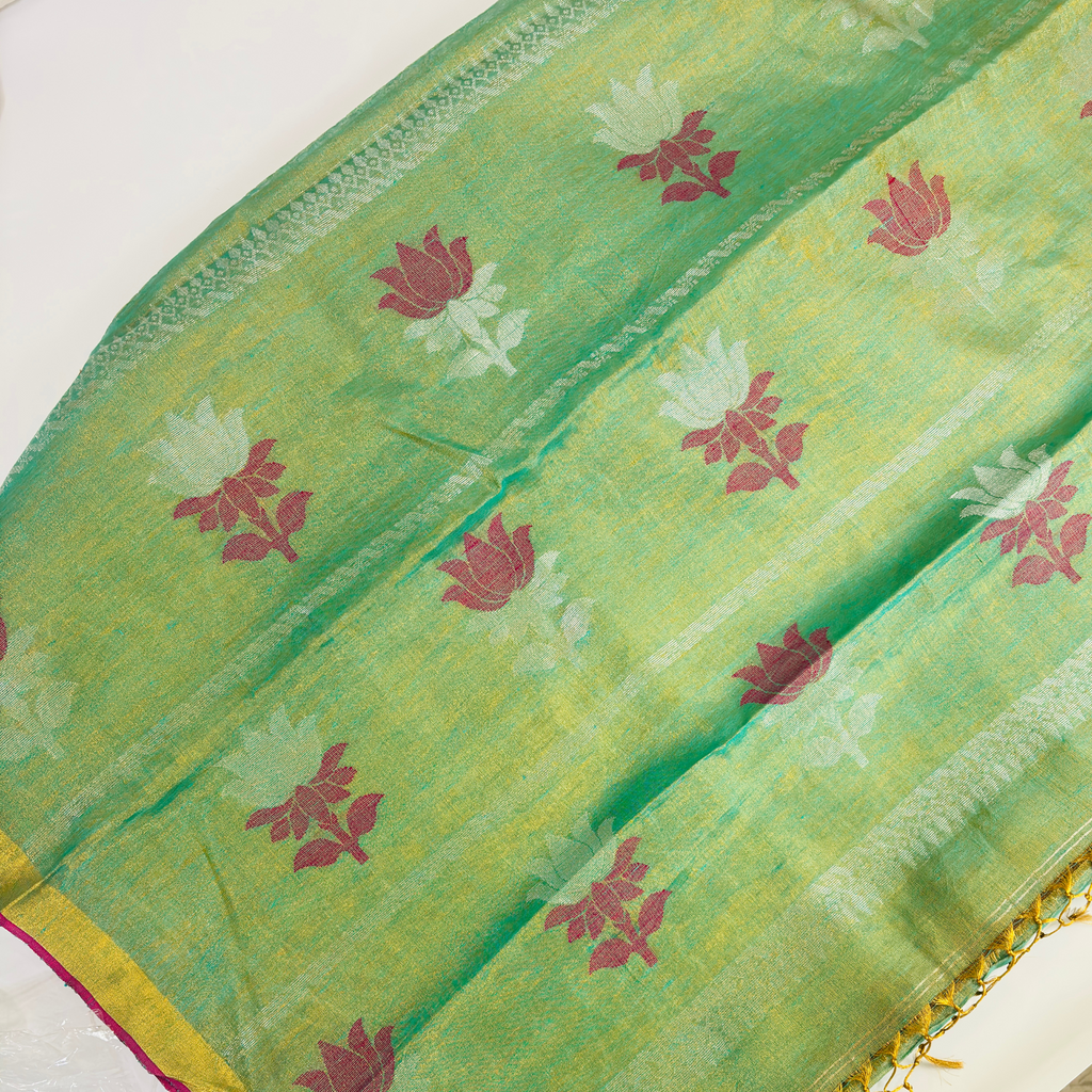 Pure Tissue linen Saree (Olive-Green)