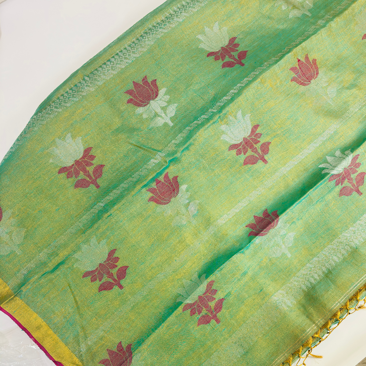 Pure Tissue linen Saree (Olive-Green)